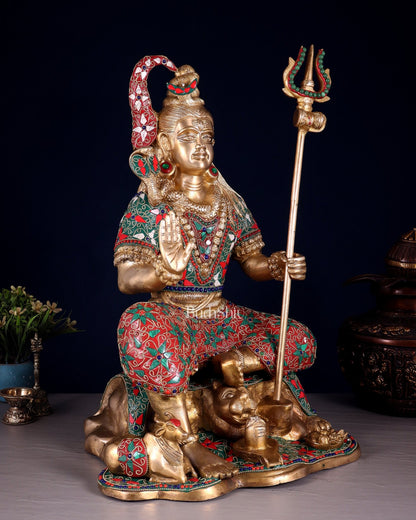 Lord Shiva Brass Statue with Stonework - 18" - Budhshiv.com