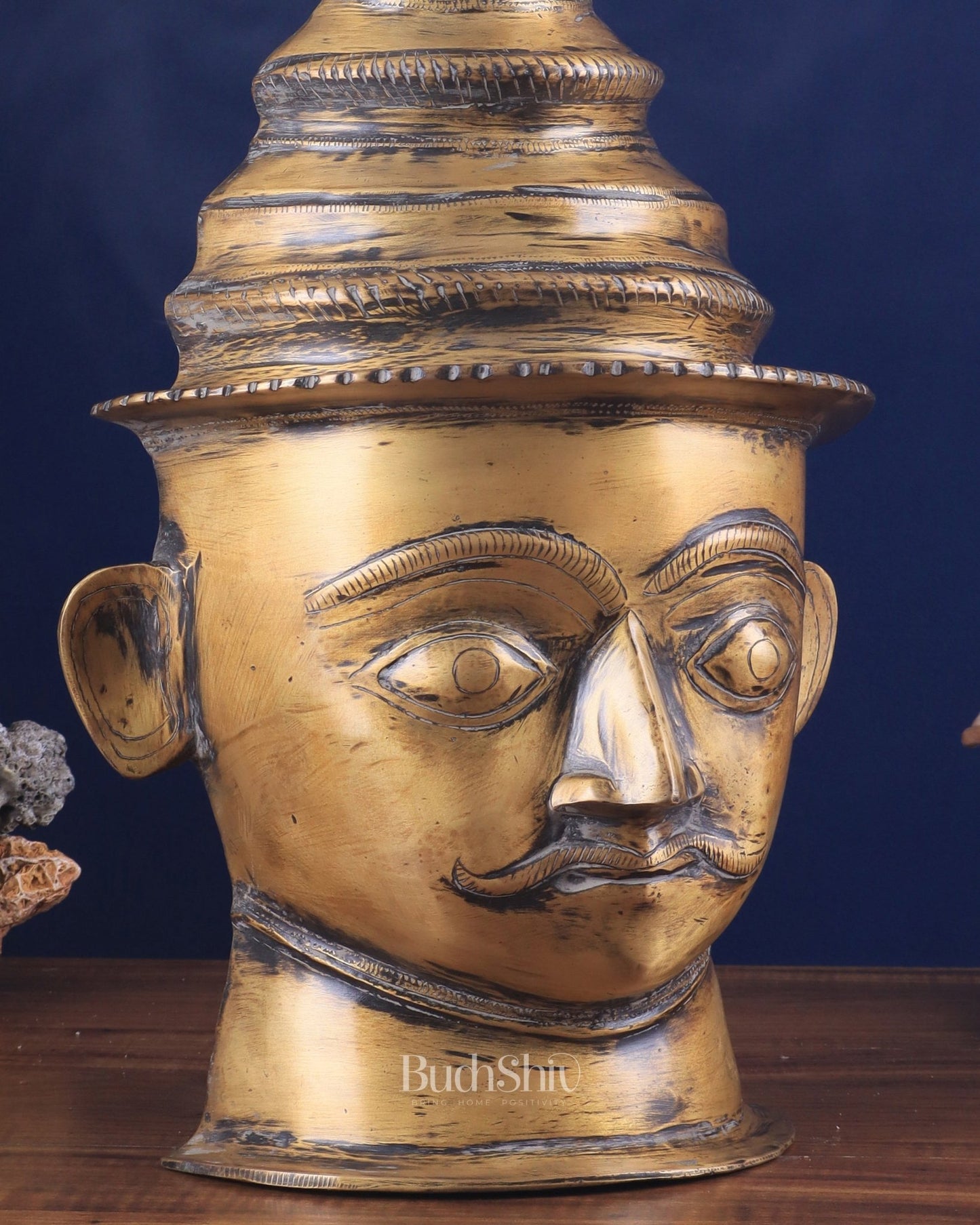 Lord Shiva Face Mukhalingam Brass Vintage Tone Sculpture – A Rare Spiritual Masterpiece 18" - Budhshiv.com