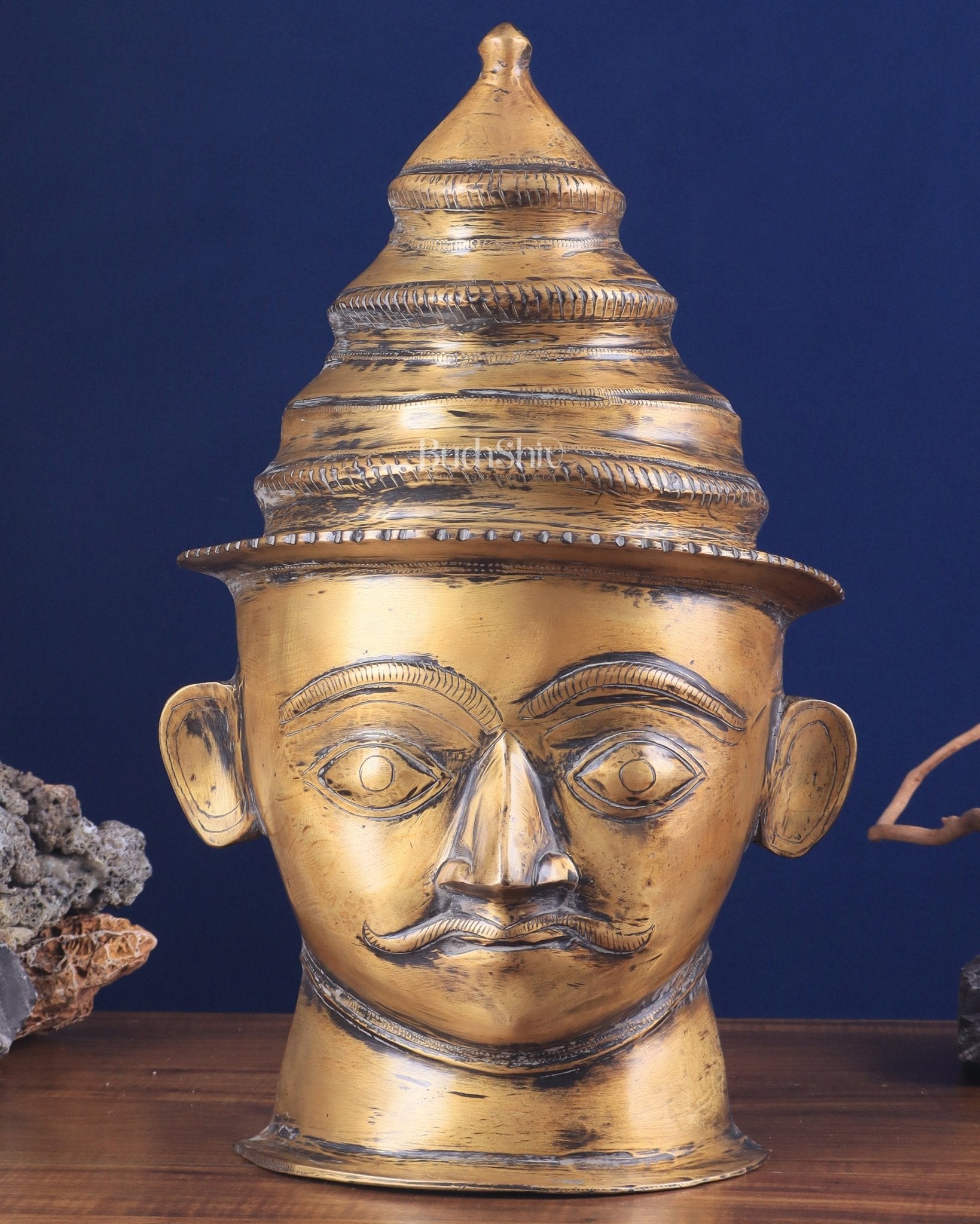 Lord Shiva Face Mukhalingam Brass Vintage Tone Sculpture – A Rare Spiritual Masterpiece 18" - Budhshiv.com