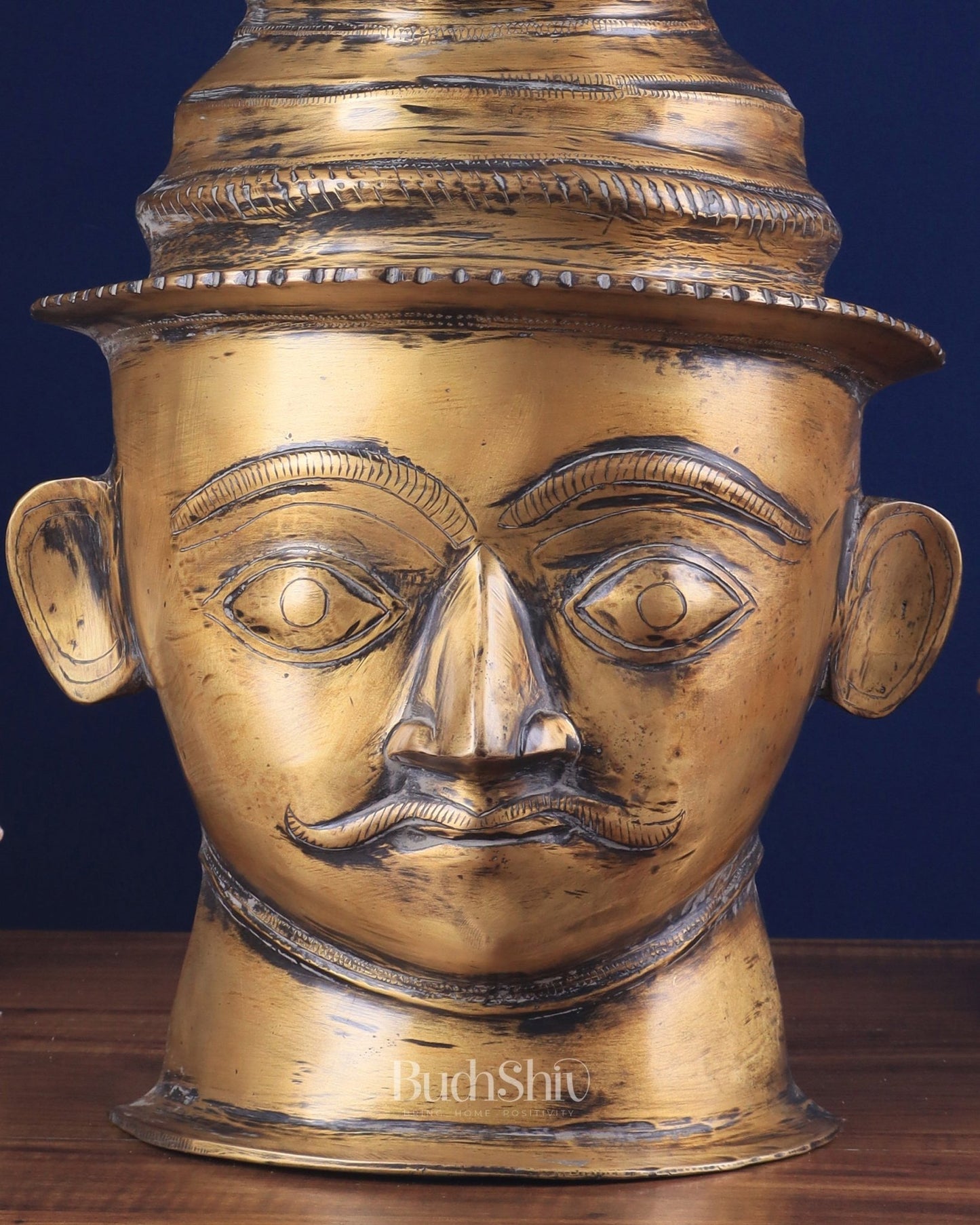 Lord Shiva Face Mukhalingam Brass Vintage Tone Sculpture – A Rare Spiritual Masterpiece 18" - Budhshiv.com