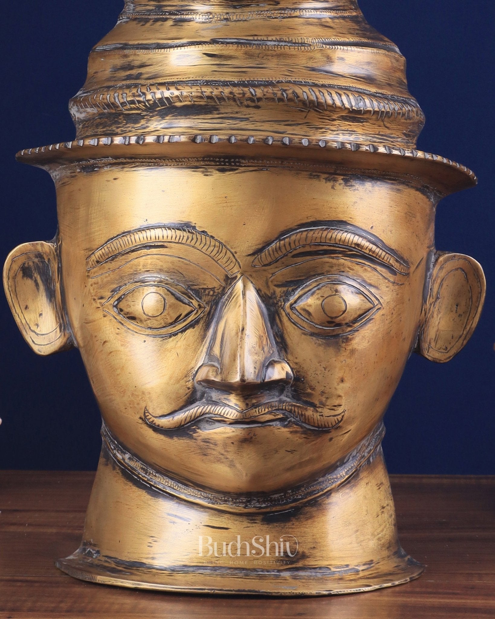 Lord Shiva Face Mukhalingam Brass Vintage Tone Sculpture – A Rare Spiritual Masterpiece 18" - Budhshiv.com