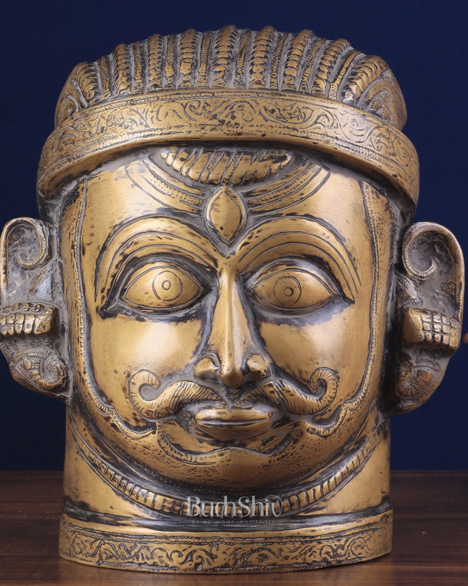 Lord Shiva Face Mukhalingam – Vintage Brass Tone, 11" Height - Budhshiv.com