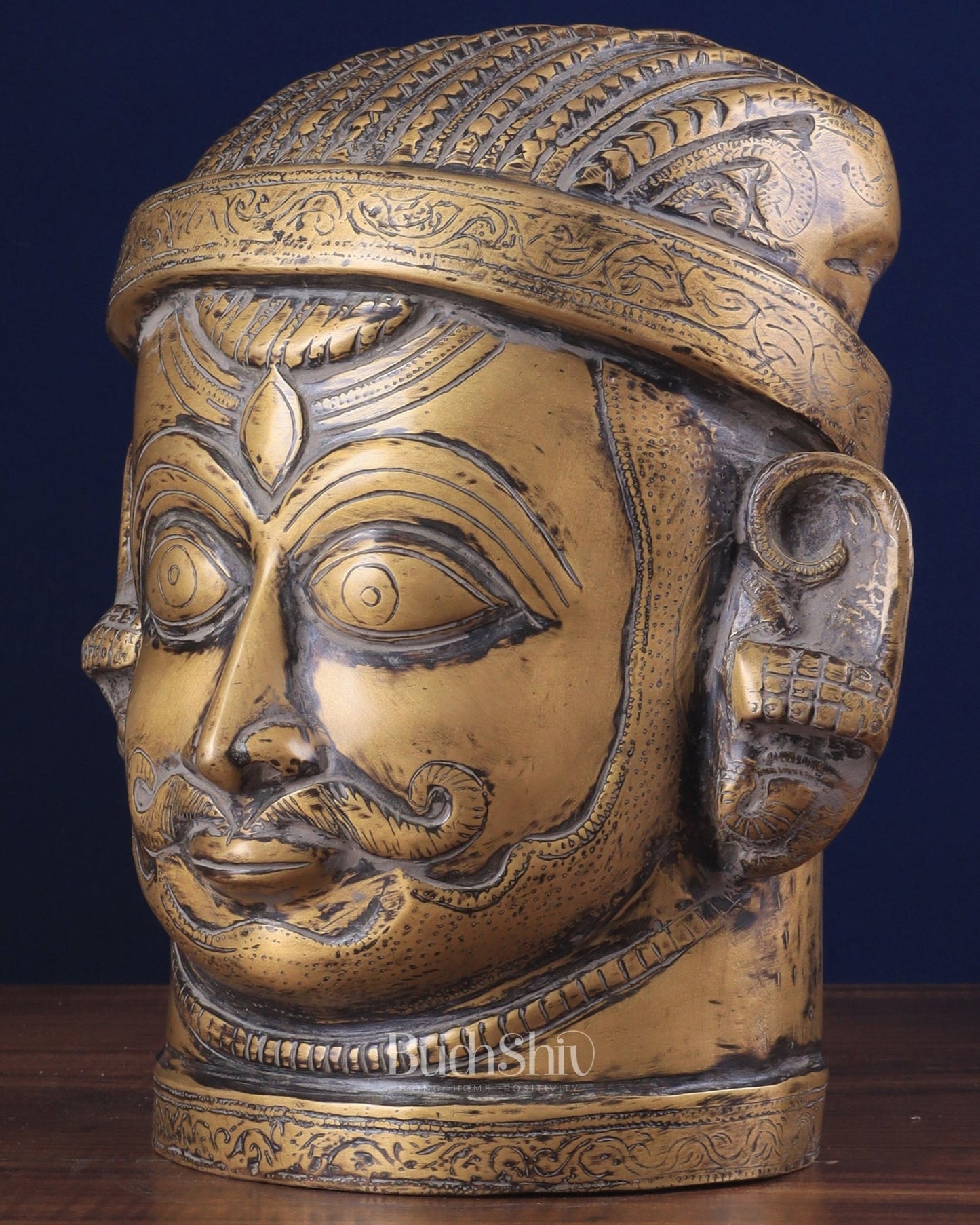 Lord Shiva Face Mukhalingam – Vintage Brass Tone, 11" Height - Budhshiv.com