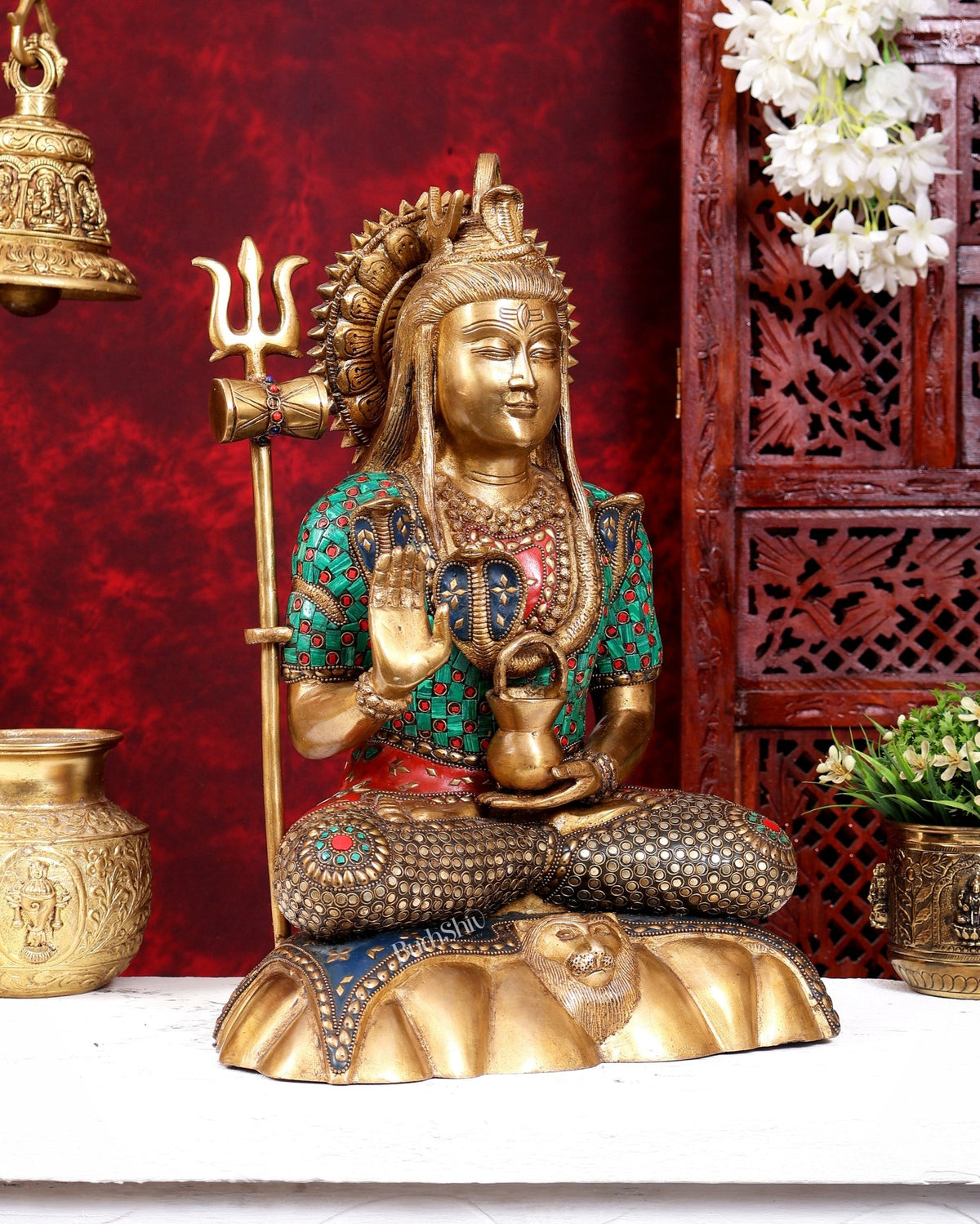 Lord Shiva Pure Brass Statue with Meenakari Stonework - 17 inch - Budhshiv.com