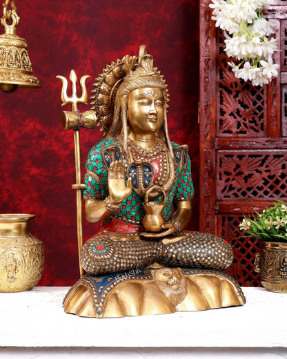 Lord Shiva Pure Brass Statue with Meenakari Stonework - 17 inch - Budhshiv.com