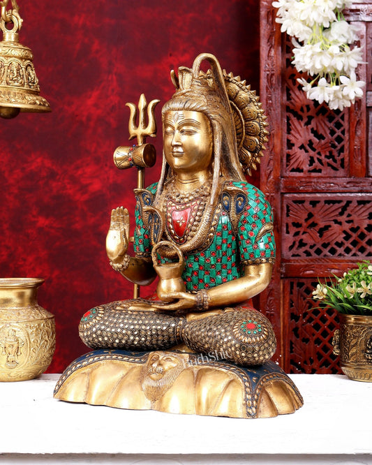 Lord Shiva Pure Brass Statue with Meenakari Stonework - 17 inch - Budhshiv.com