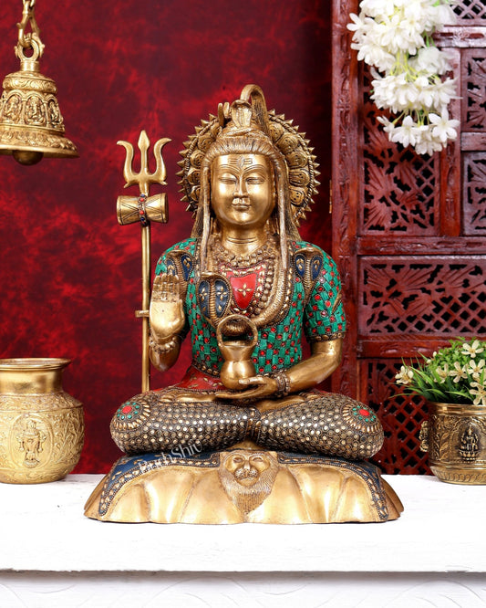 Lord Shiva Pure Brass Statue with Meenakari Stonework - 17 inch - Budhshiv.com