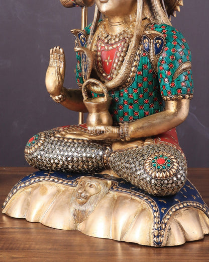 Lord Shiva Pure Brass Statue with Meenakari Stonework - 17" - Budhshiv.com