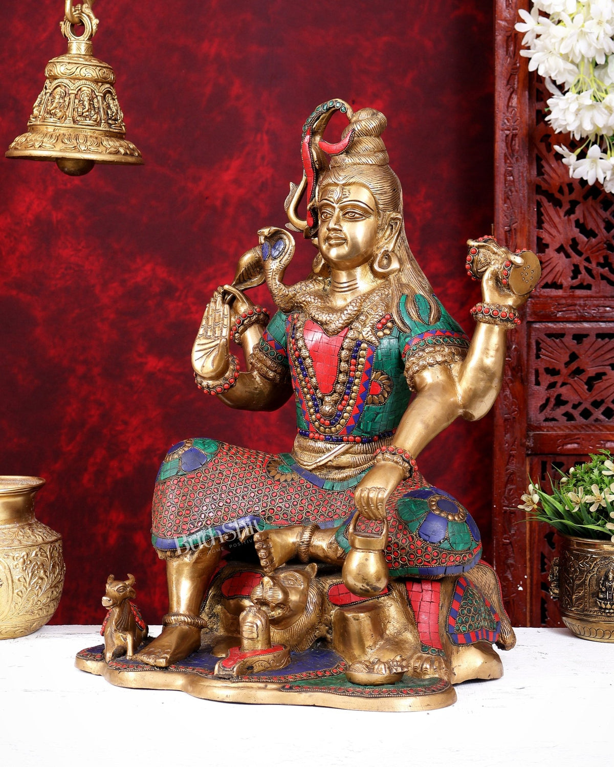 Lord Shiva with four arms Brass Statue with Stonework - 18 inch - Budhshiv.com