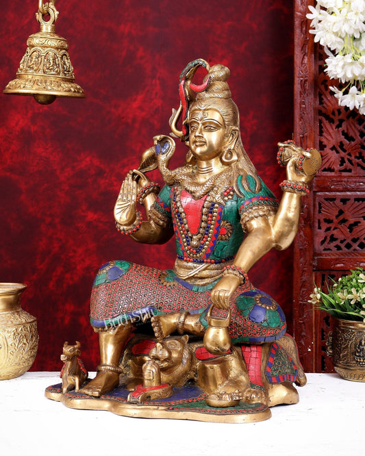 Lord Shiva with four arms Brass Statue with Stonework - 18 inch - Budhshiv.com