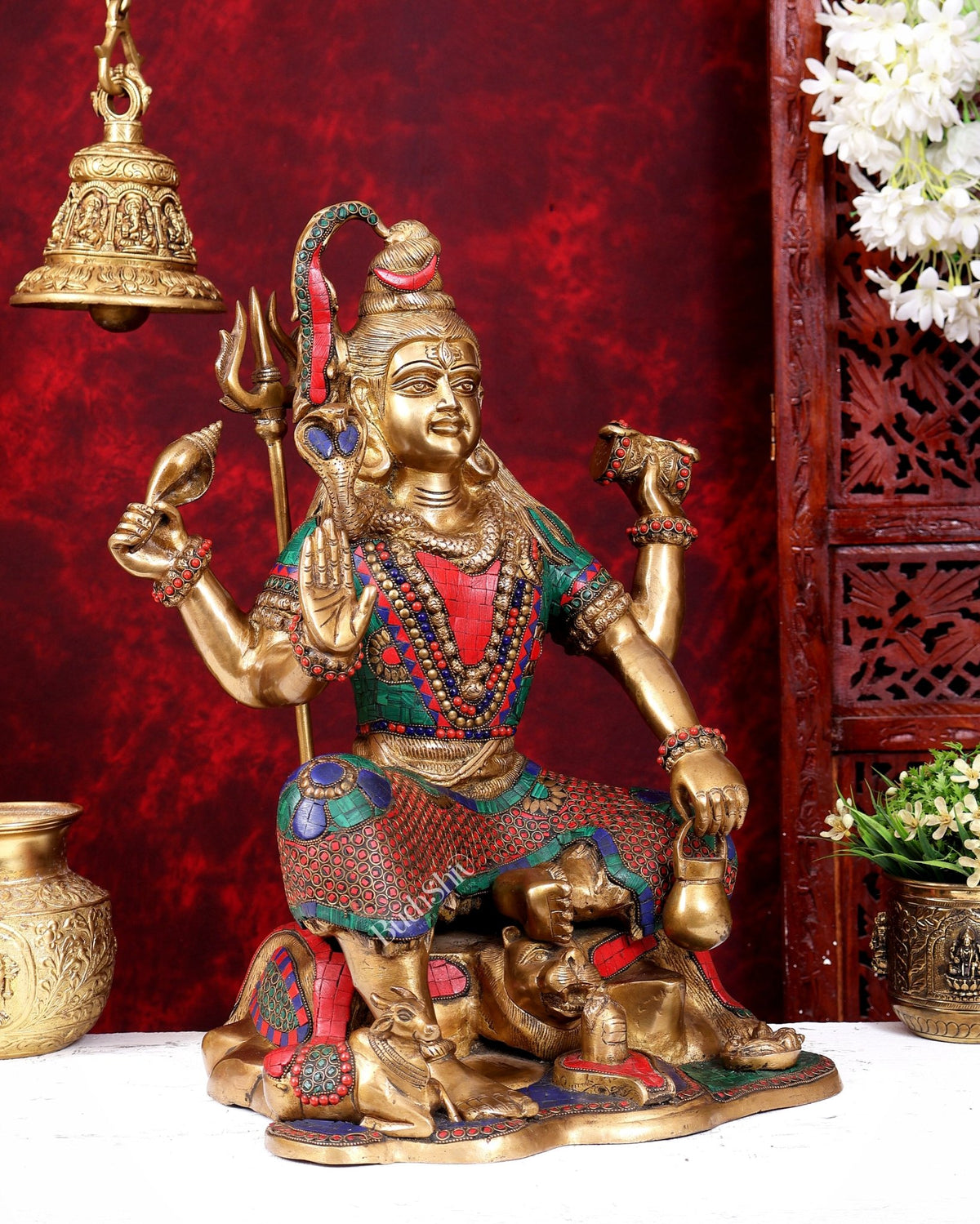 Lord Shiva with four arms Brass Statue with Stonework - 18 inch - Budhshiv.com