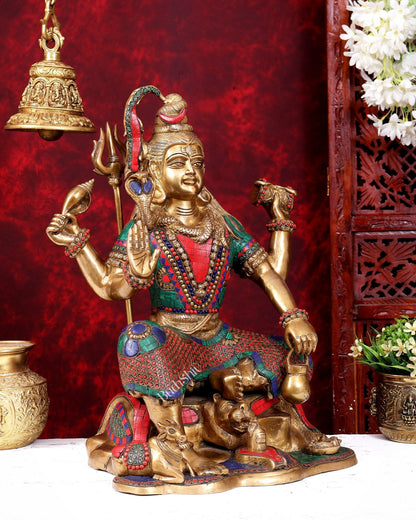 Lord Shiva with four arms Brass Statue with Stonework - 18 inch - Budhshiv.com