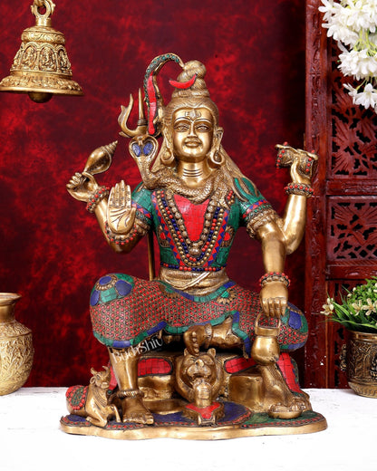 Lord Shiva with four arms Brass Statue with Stonework - 18 inch - Budhshiv.com