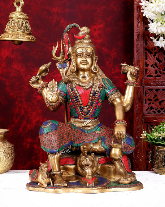 Lord Shiva with four arms Brass Statue with Stonework - 18 inch - Budhshiv.com