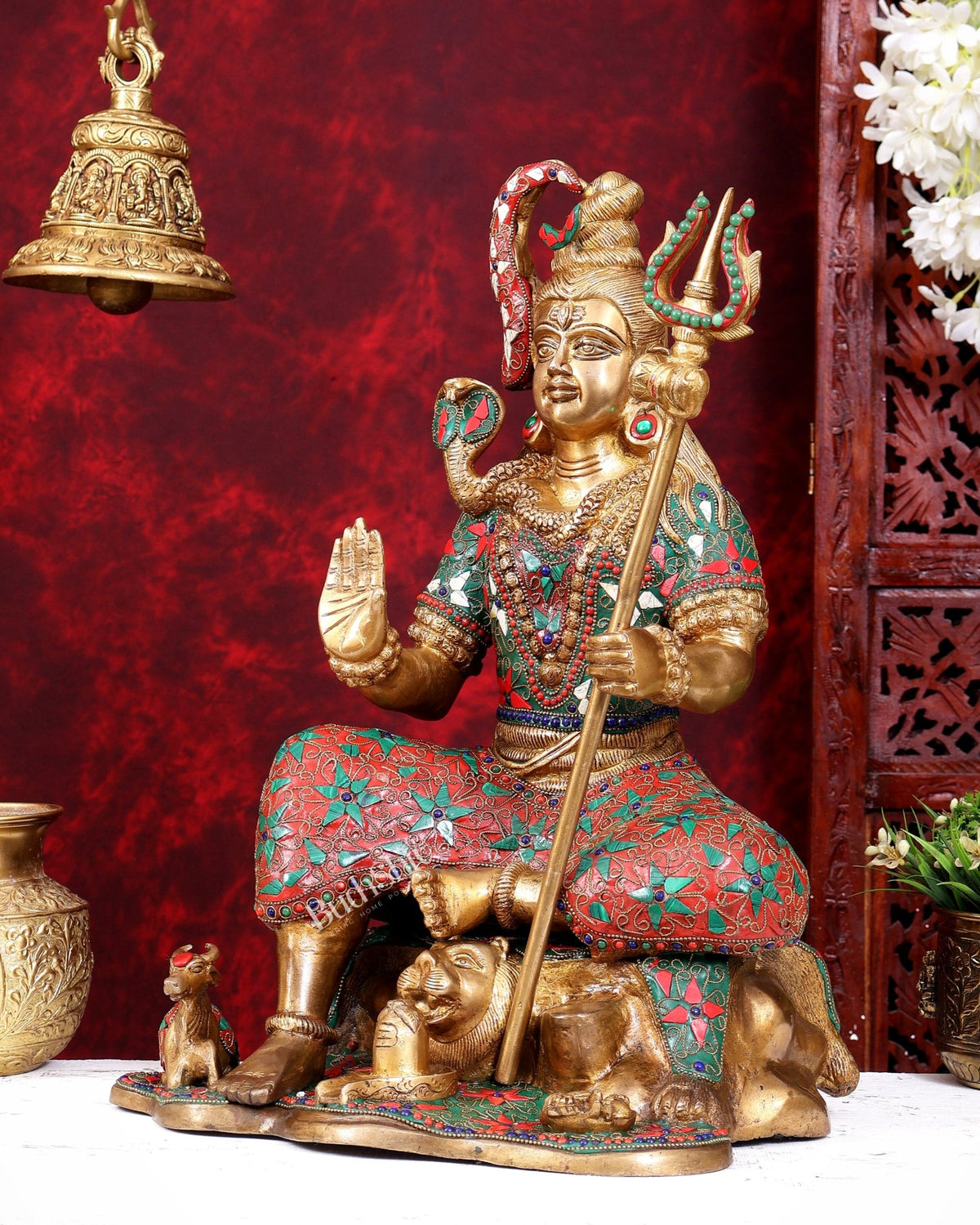Lord Shiva with nandi Brass Statue with Stonework - 18 inch - Budhshiv.com
