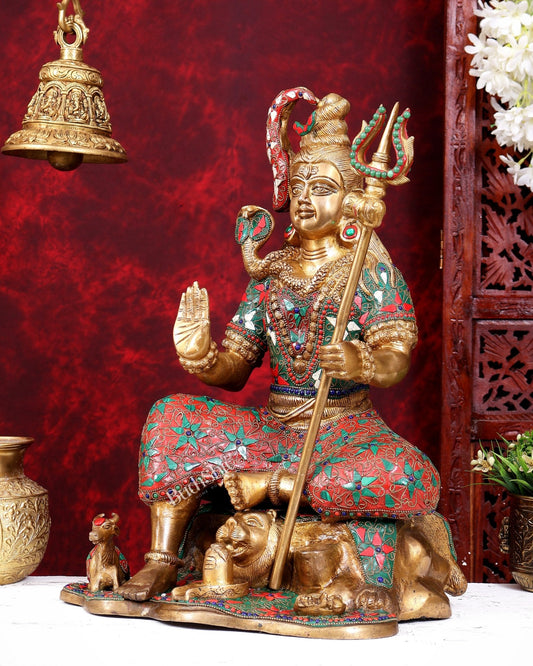 Lord Shiva with nandi Brass Statue with Stonework - 18 inch - Budhshiv.com