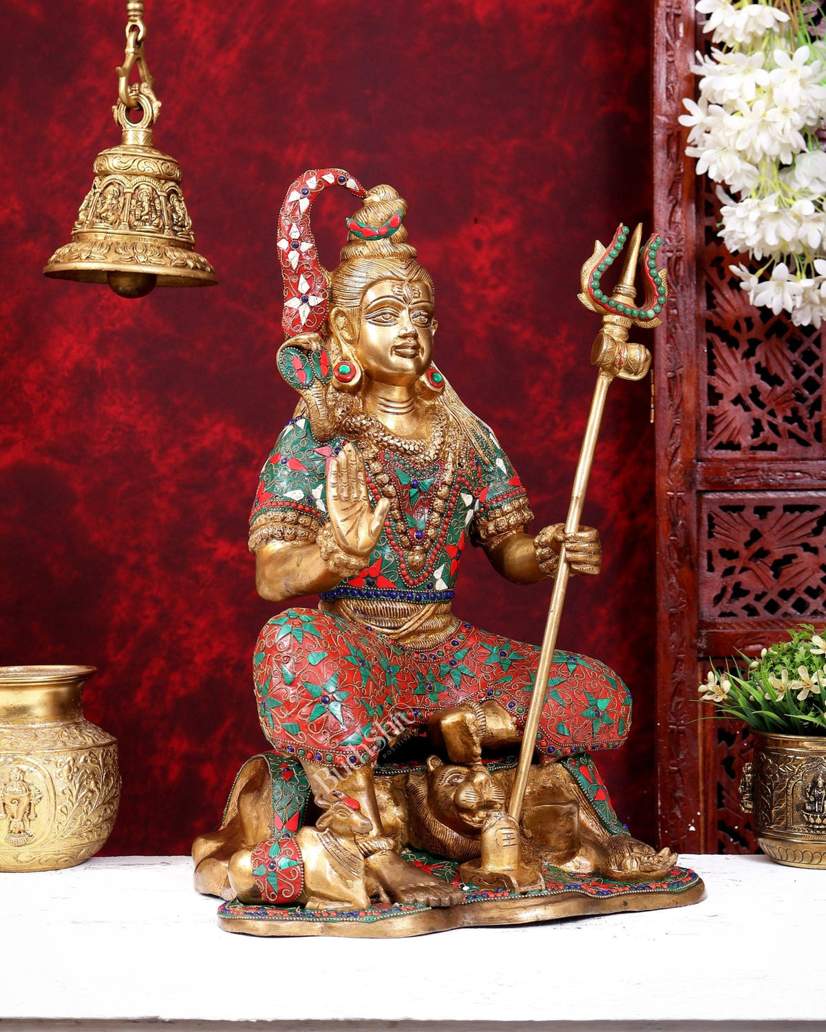 Lord Shiva with nandi Brass Statue with Stonework - 18 inch - Budhshiv.com