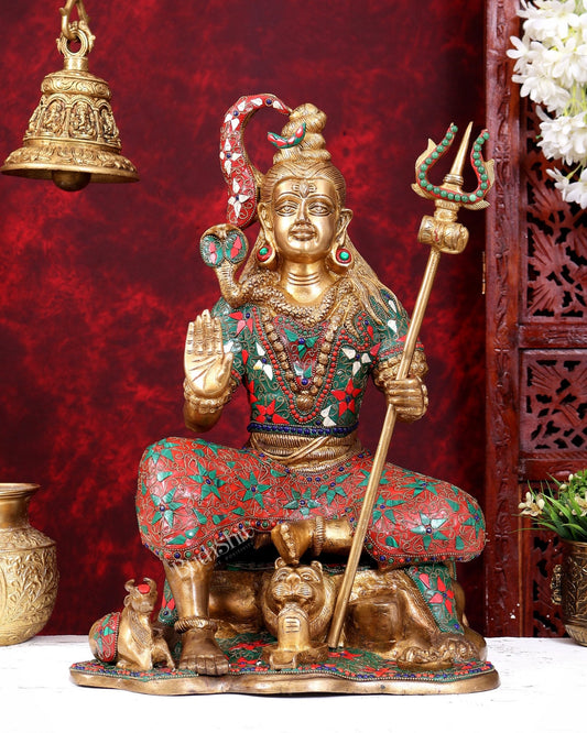 Lord Shiva with nandi Brass Statue with Stonework - 18 inch - Budhshiv.com