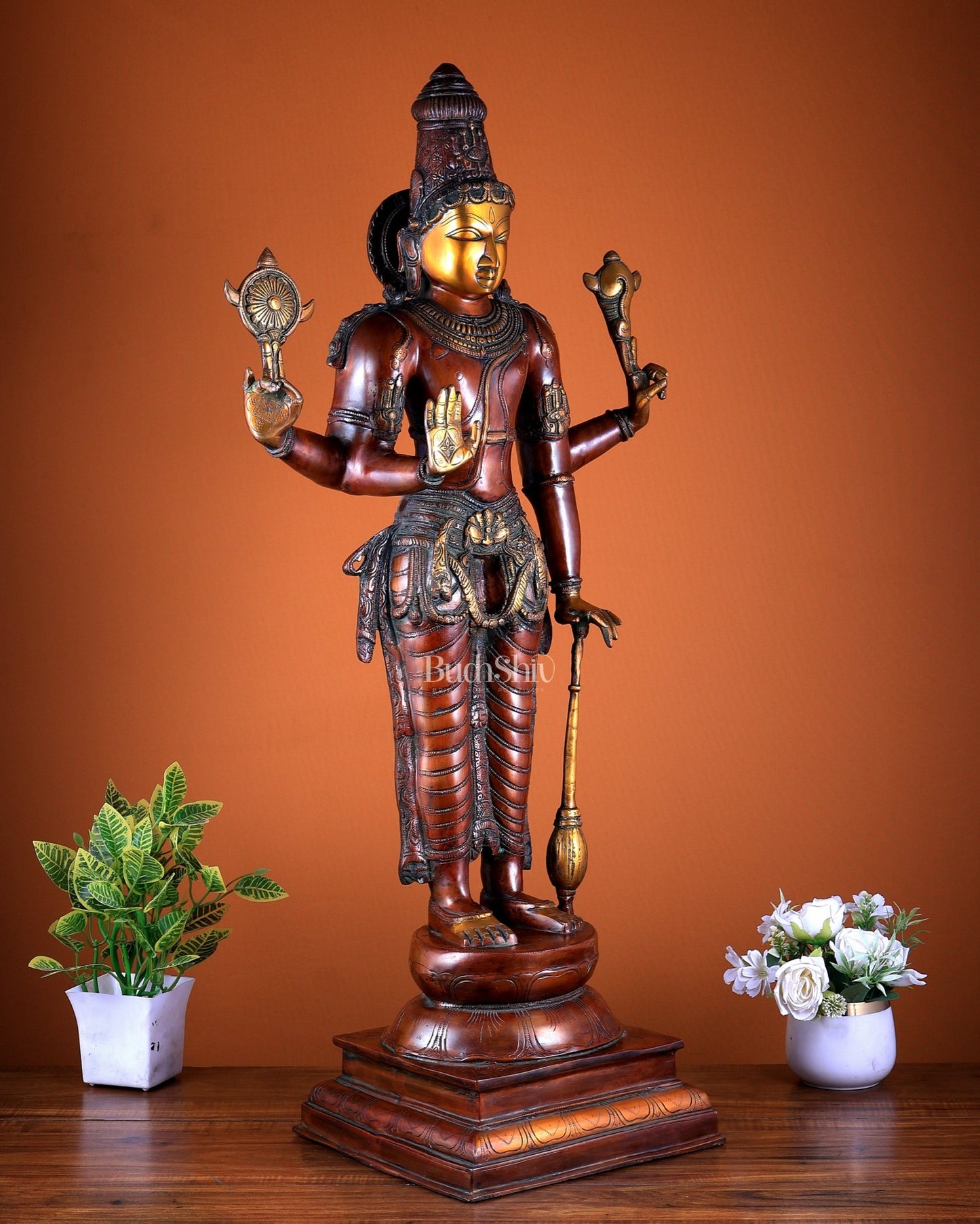 Lord Vishnu large brass Narayana Statue – Chola Dual Tone 37" - Budhshiv.com