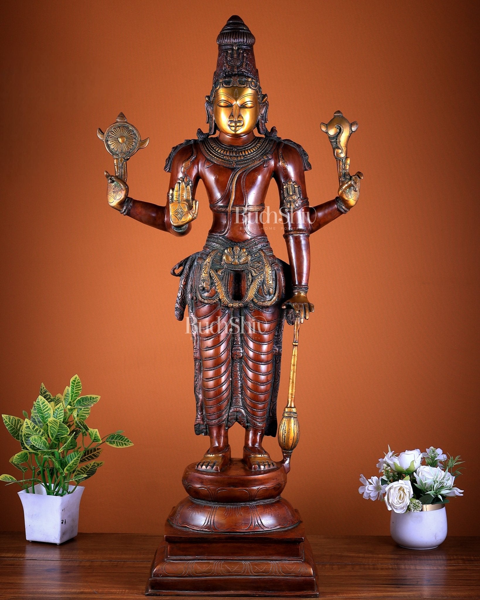 Lord Vishnu large brass Narayana Statue – Chola Dual Tone 37" - Budhshiv.com