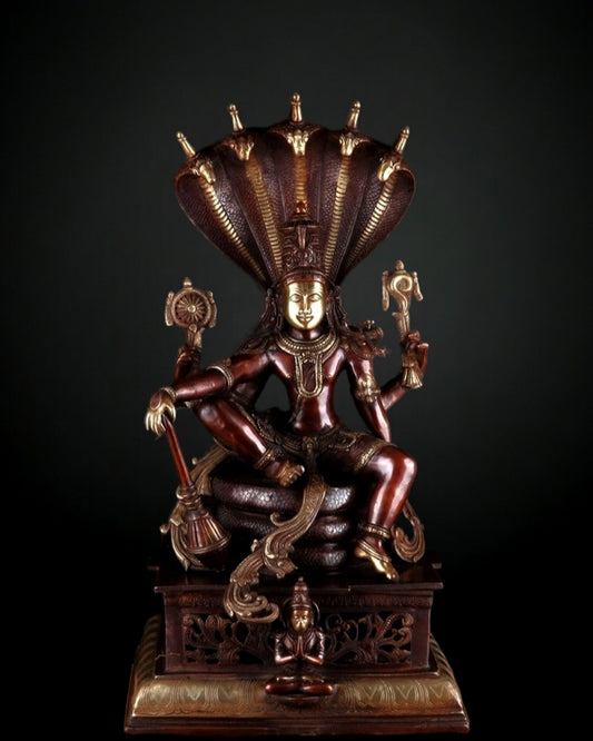 Lord Vishnu with sheshanaaga Brass statue large 30" Chola Brown - Budhshiv.com