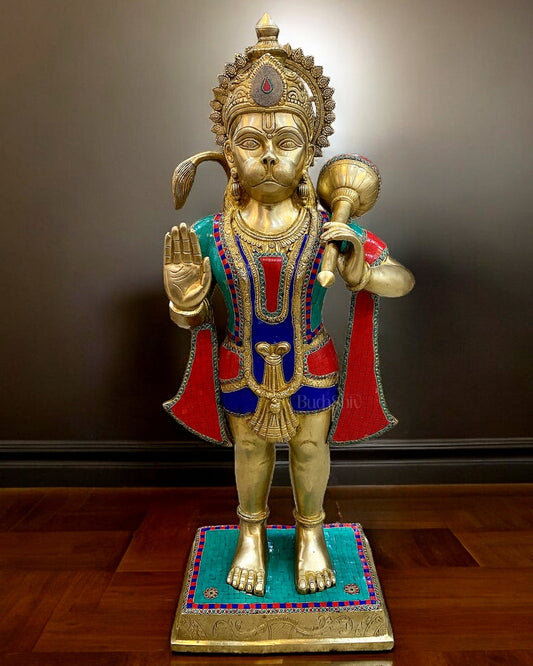 Magnificent Handcrafted Pure Brass Standing Hanuman Ji Statue - 36 Inches - Budhshiv.com