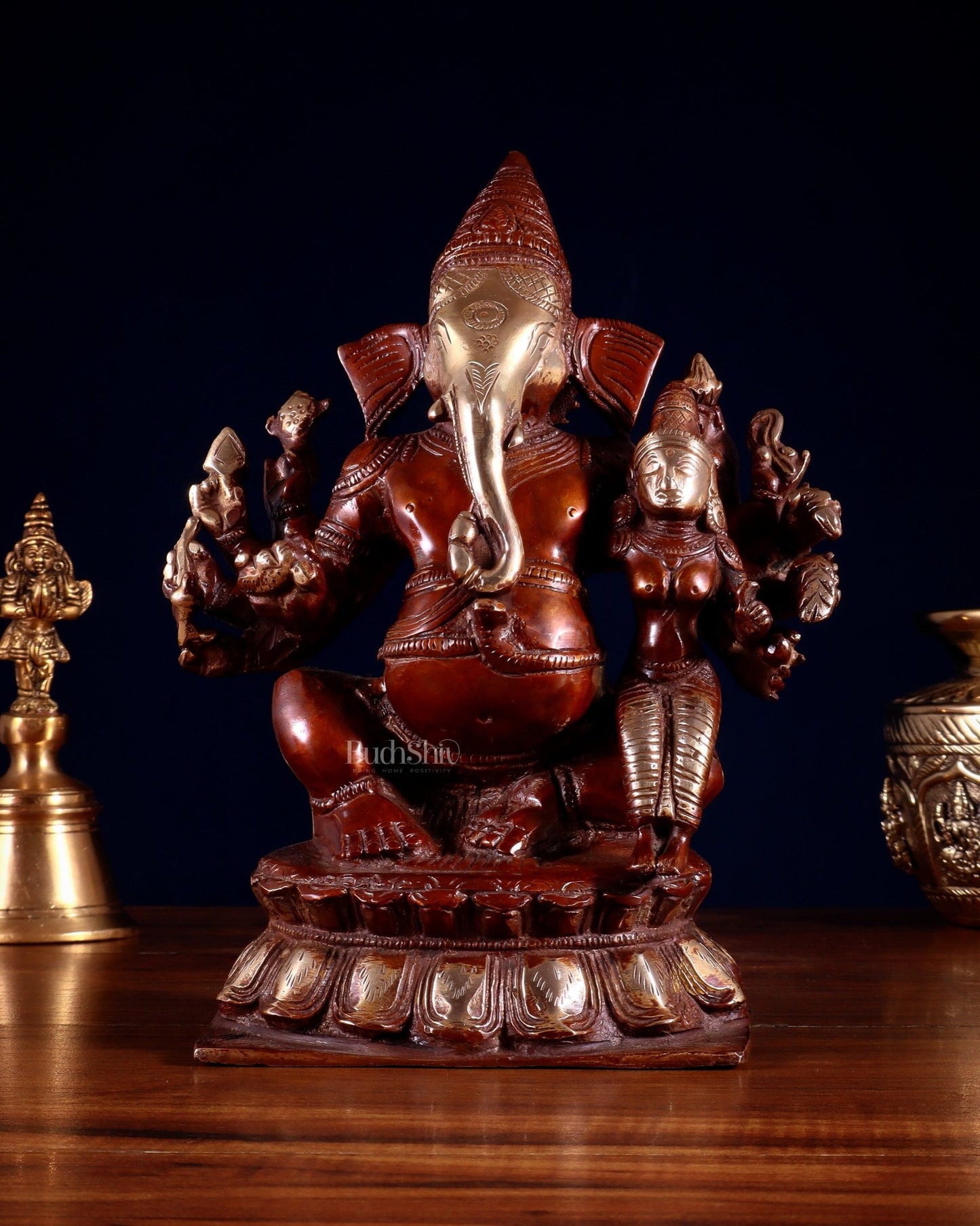 Maha Ganapati Siddhi Ganesha Brass Statue 9" double chola - Budhshiv.com