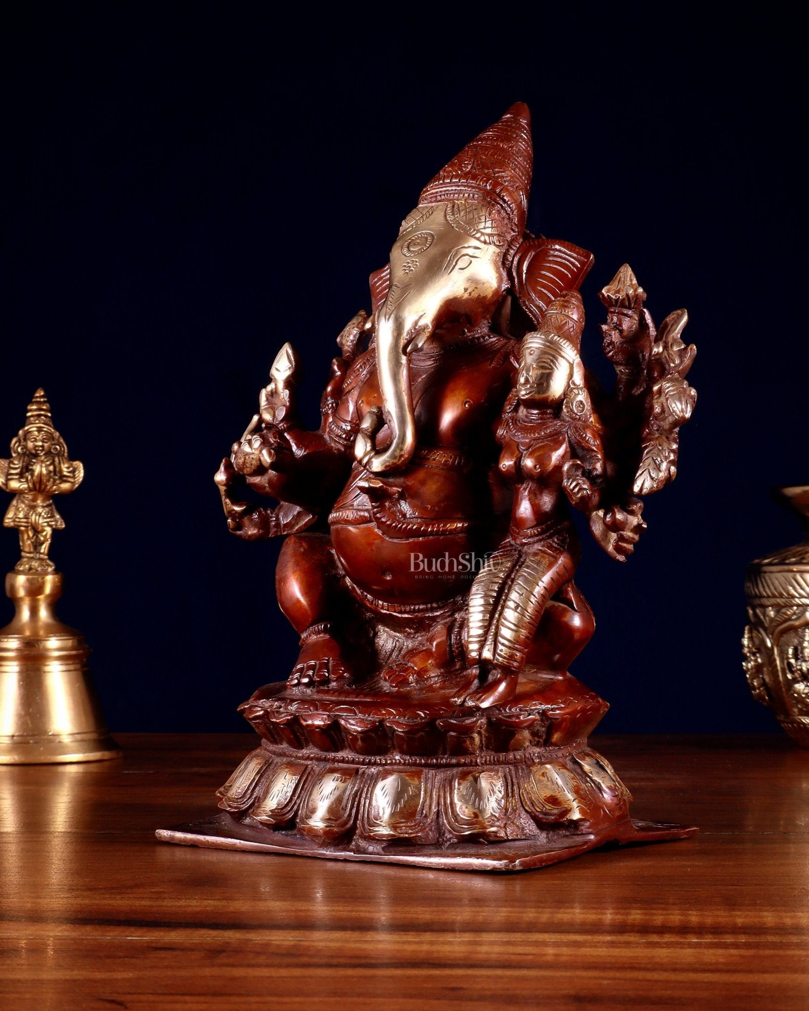 Maha Ganapati Siddhi Ganesha Brass Statue 9" double chola - Budhshiv.com