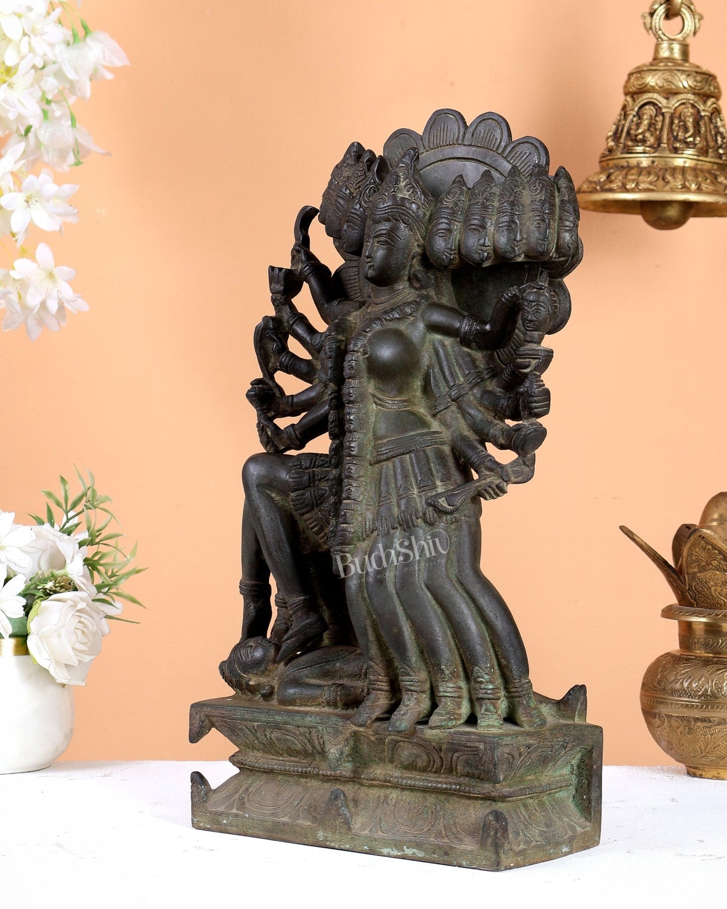 Maha kali Brass Statue Idol with ten Heads - 15 Inch black and green patina tone - Budhshiv.com