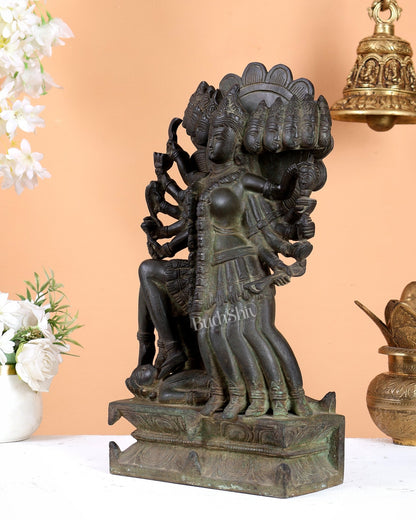 Maha kali Brass Statue Idol with ten Heads - 15 Inch black and green patina tone - Budhshiv.com