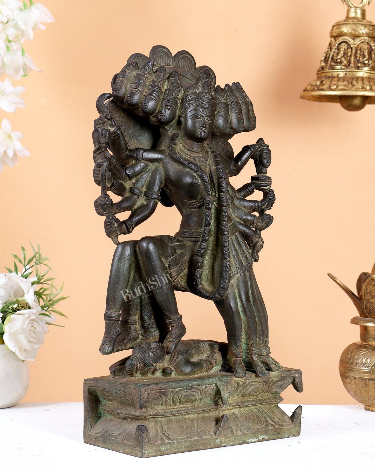 Maha kali Brass Statue Idol with ten Heads - 15 Inch black and green patina tone - Budhshiv.com