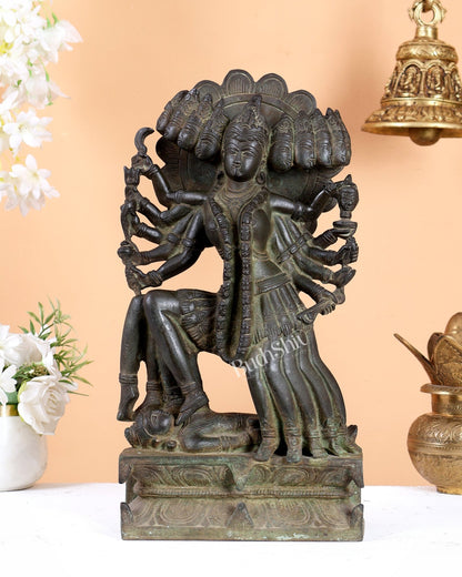 Maha kali Brass Statue Idol with ten Heads - 15 Inch black and green patina tone - Budhshiv.com