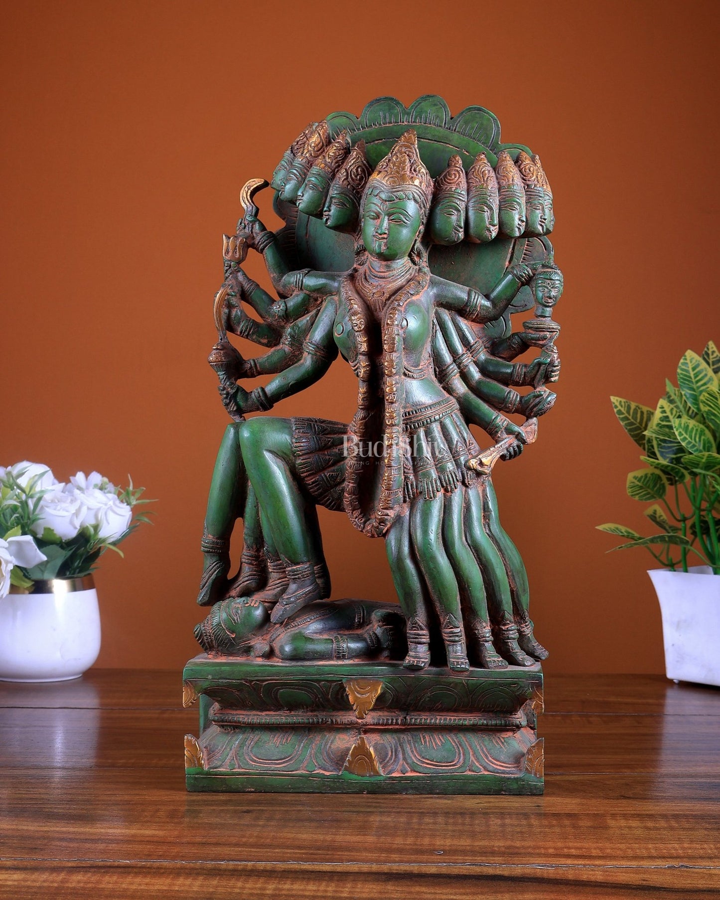 Maha kali Brass Statue Idol with ten Heads - 15 Inch, Sand finish - Budhshiv.com
