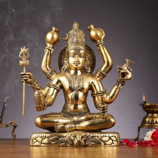 Mahamrityunjaya with six arms Pure Brass Superfine Shiva Statue 14 inch - Budhshiv.com