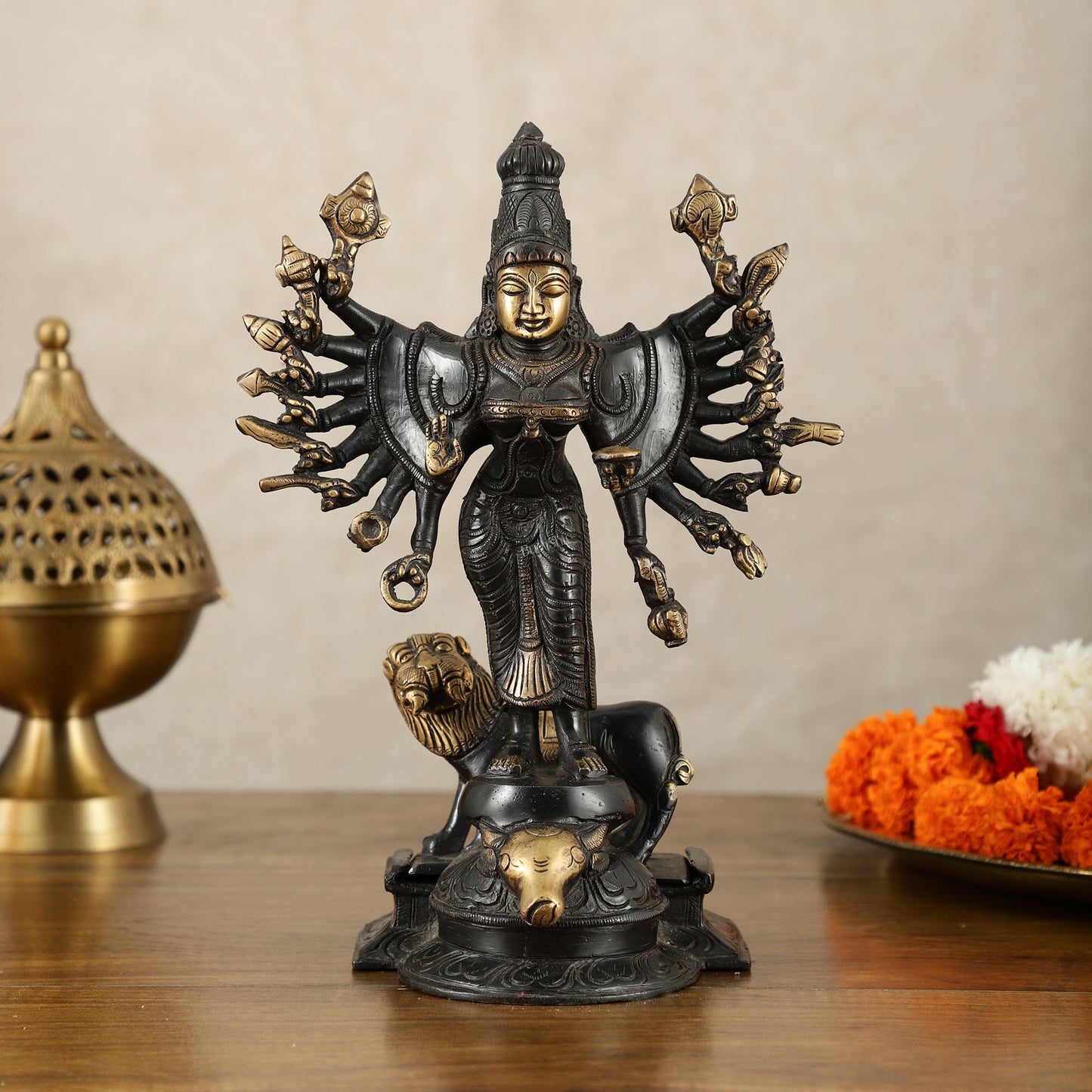 Mahisasur Mardini Durga Brass Idol 10" black gold - Budhshiv.com