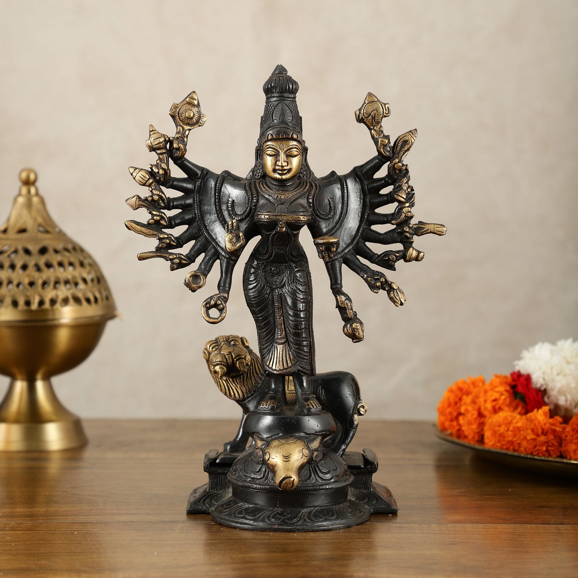 Mahisasur Mardini Durga Brass Idol 10" black gold - Budhshiv.com
