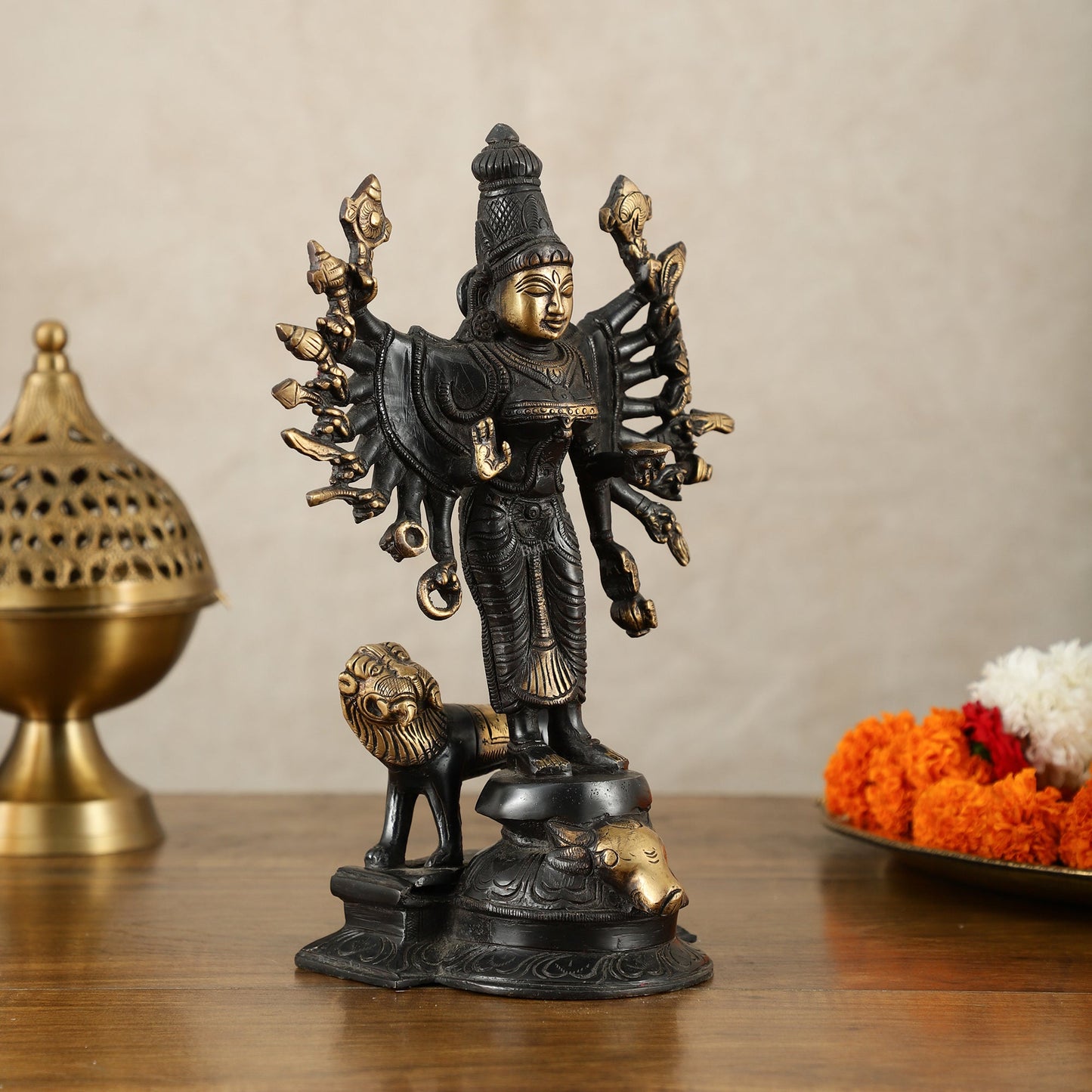 Mahisasur Mardini Durga Brass Idol 10" black gold - Budhshiv.com