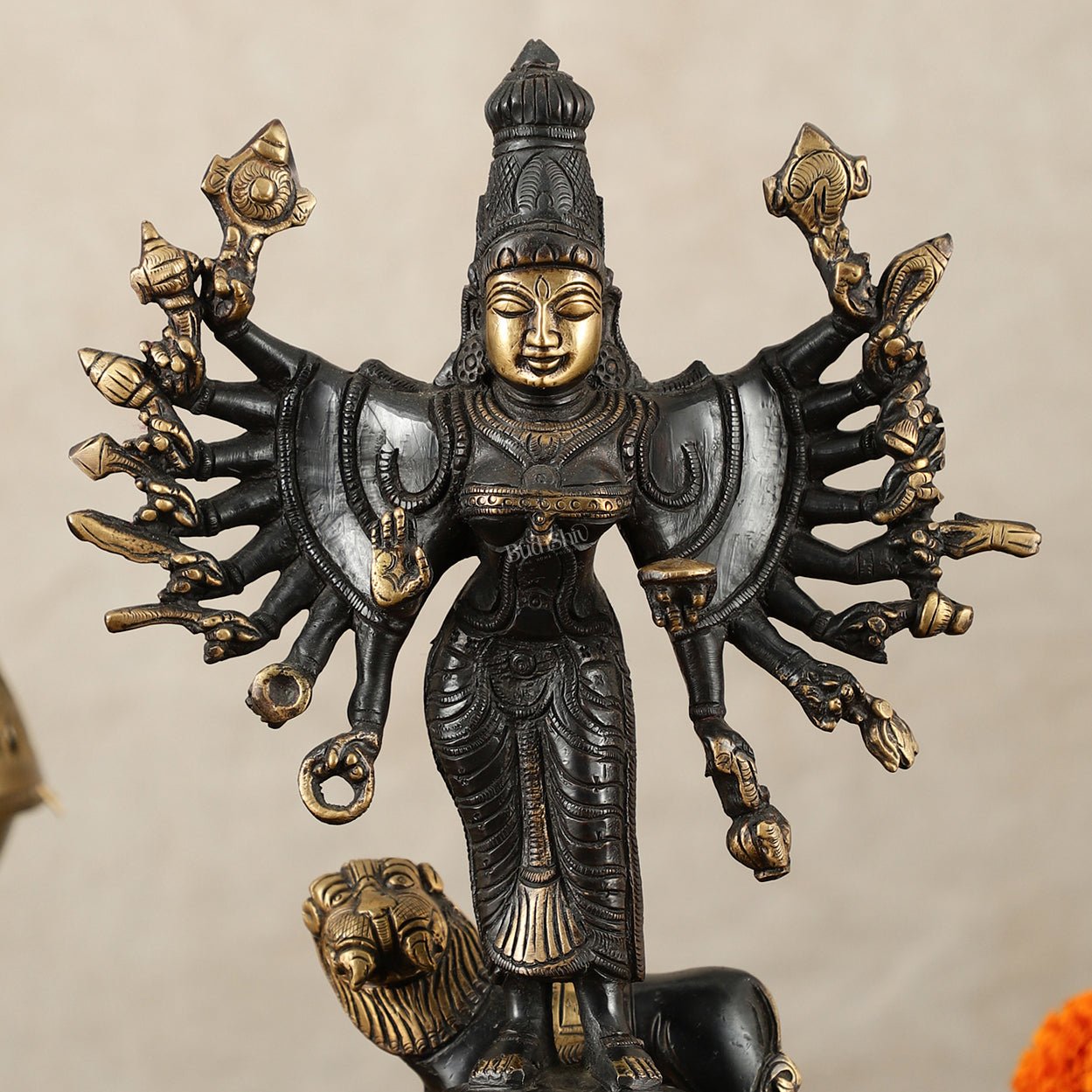 Mahisasur Mardini Durga Brass Idol 10" black gold - Budhshiv.com