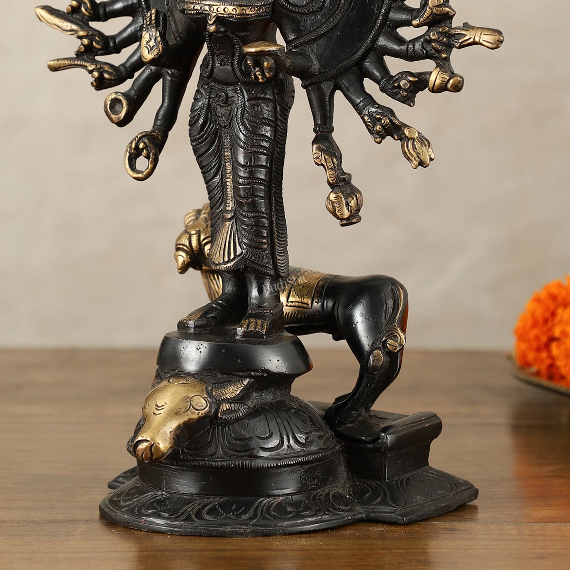 Mahisasur Mardini Durga Brass Idol 10" black gold - Budhshiv.com