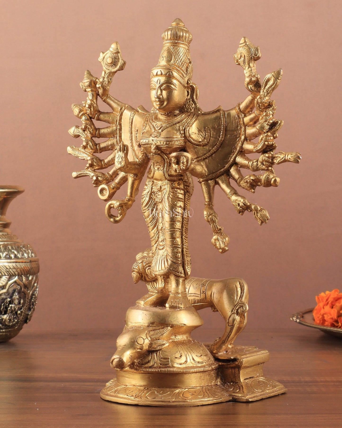 Mahisasur Mardini Durga Brass Idol 10" enhanced carvings - Budhshiv.com