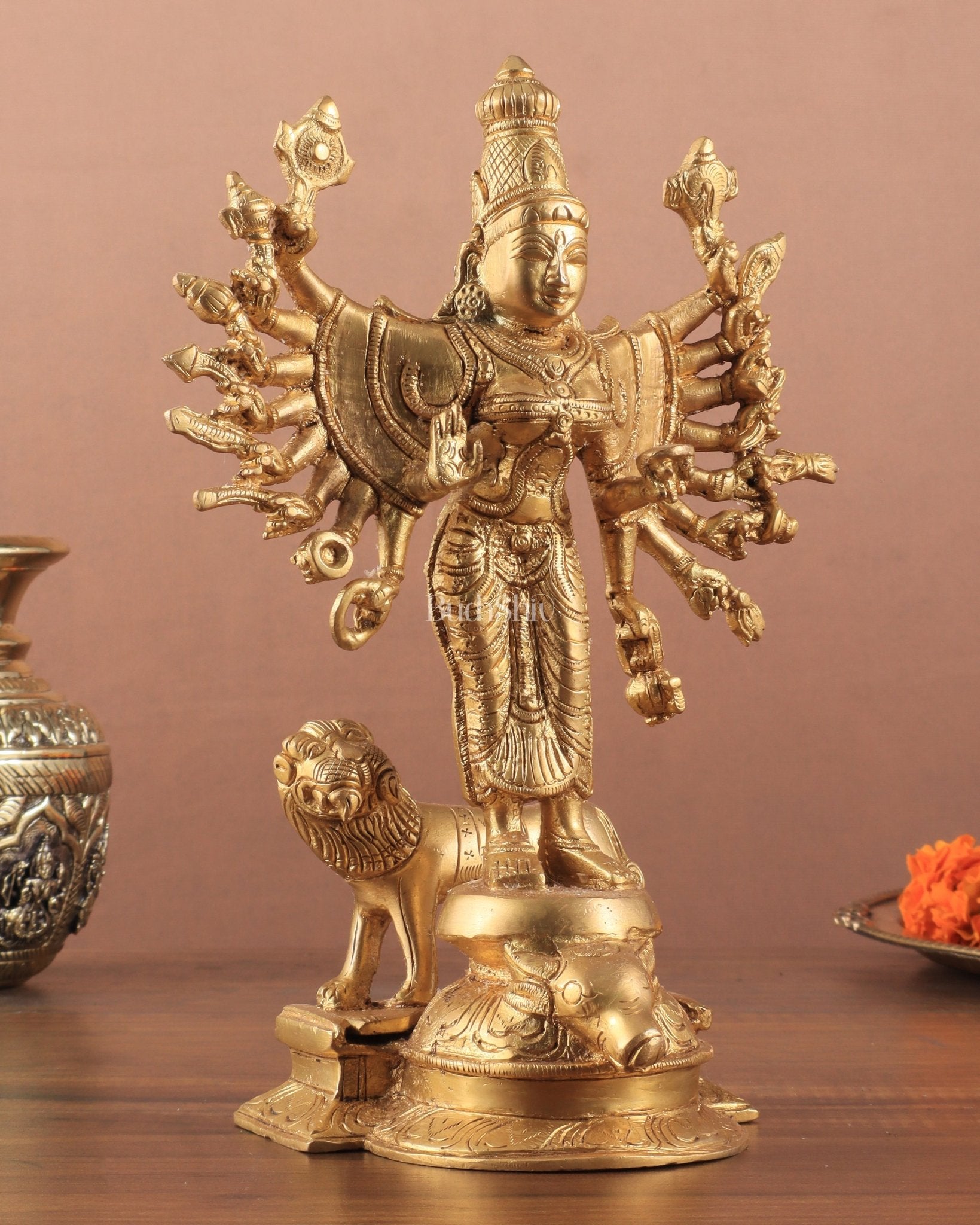 Mahisasur Mardini Durga Brass Idol 10" enhanced carvings - Budhshiv.com