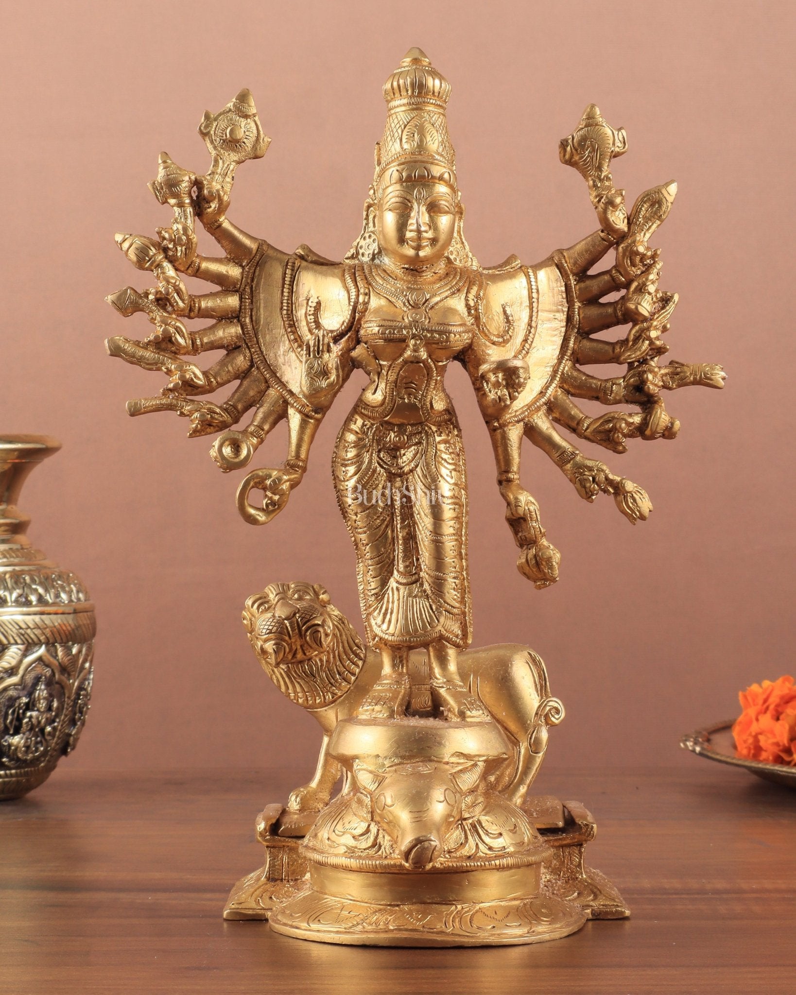 Mahisasur Mardini Durga Brass Idol 10" enhanced carvings - Budhshiv.com