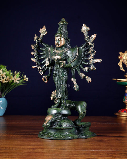 Mahisasur Mardini Durga Brass Idol 10" green patina tone - Budhshiv.com