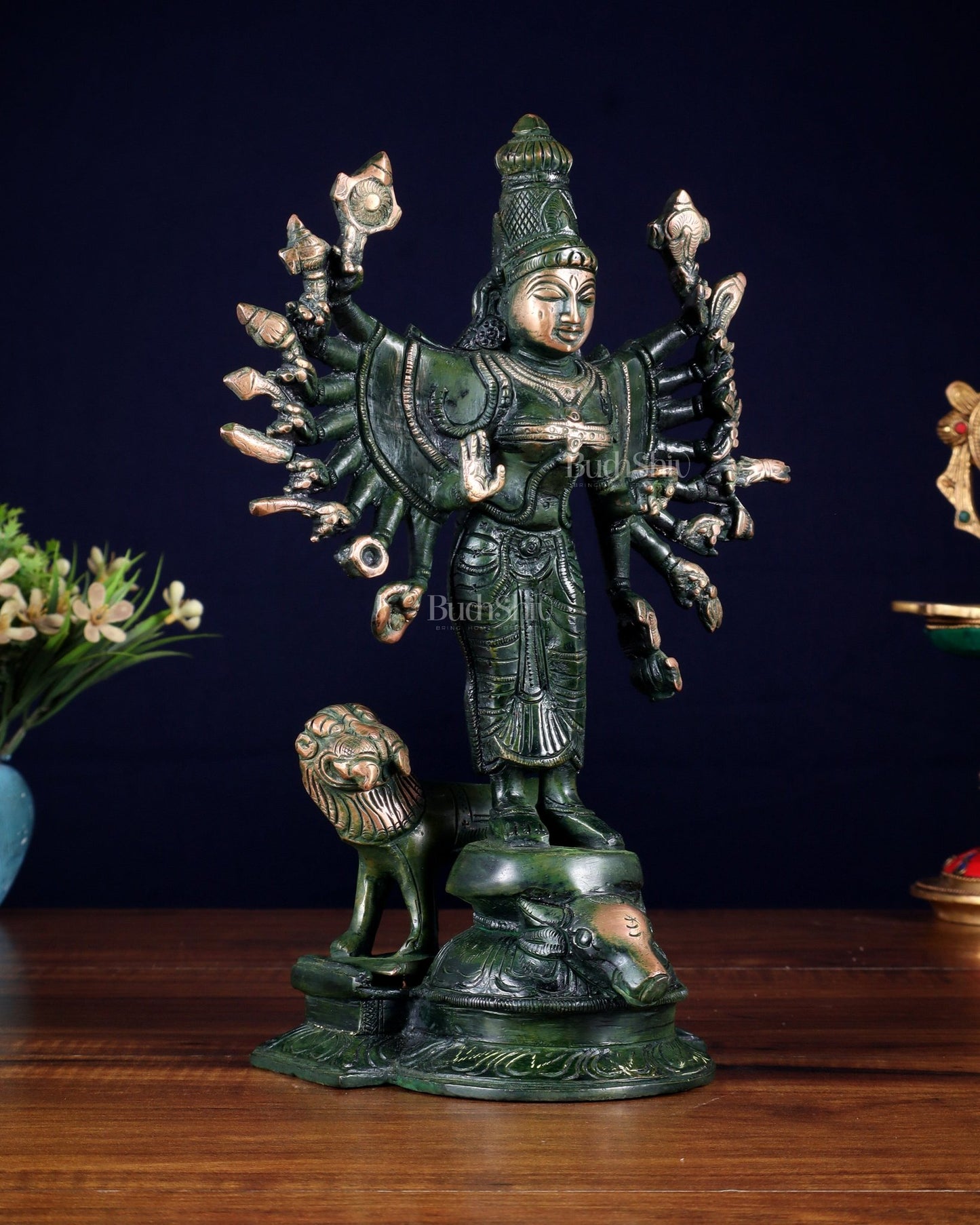 Mahisasur Mardini Durga Brass Idol 10" green patina tone - Budhshiv.com