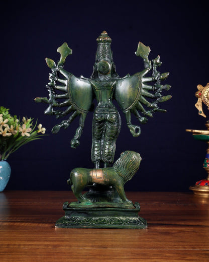 Mahisasur Mardini Durga Brass Idol 10" green patina tone - Budhshiv.com