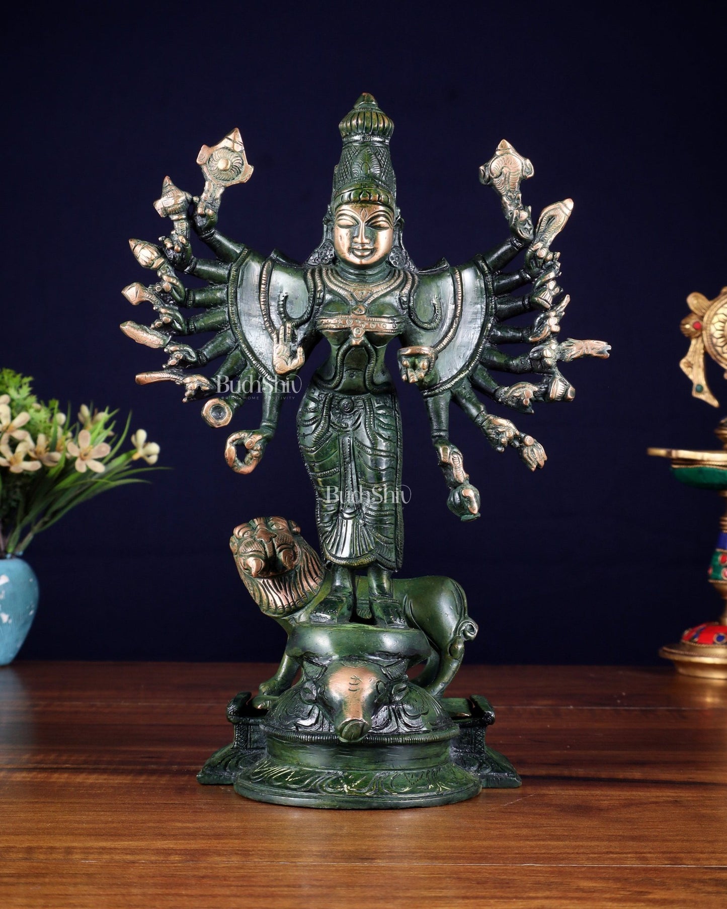 Mahisasur Mardini Durga Brass Idol 10" green patina tone - Budhshiv.com