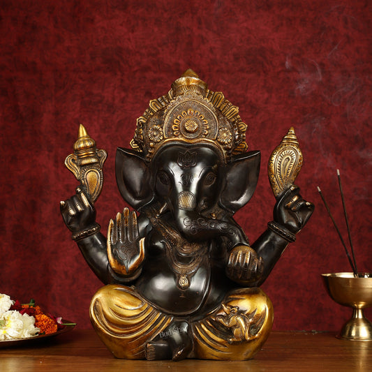 Majestic 15 - Inch Pure Brass Ganapati Statue in Black Tone - Budhshiv.com