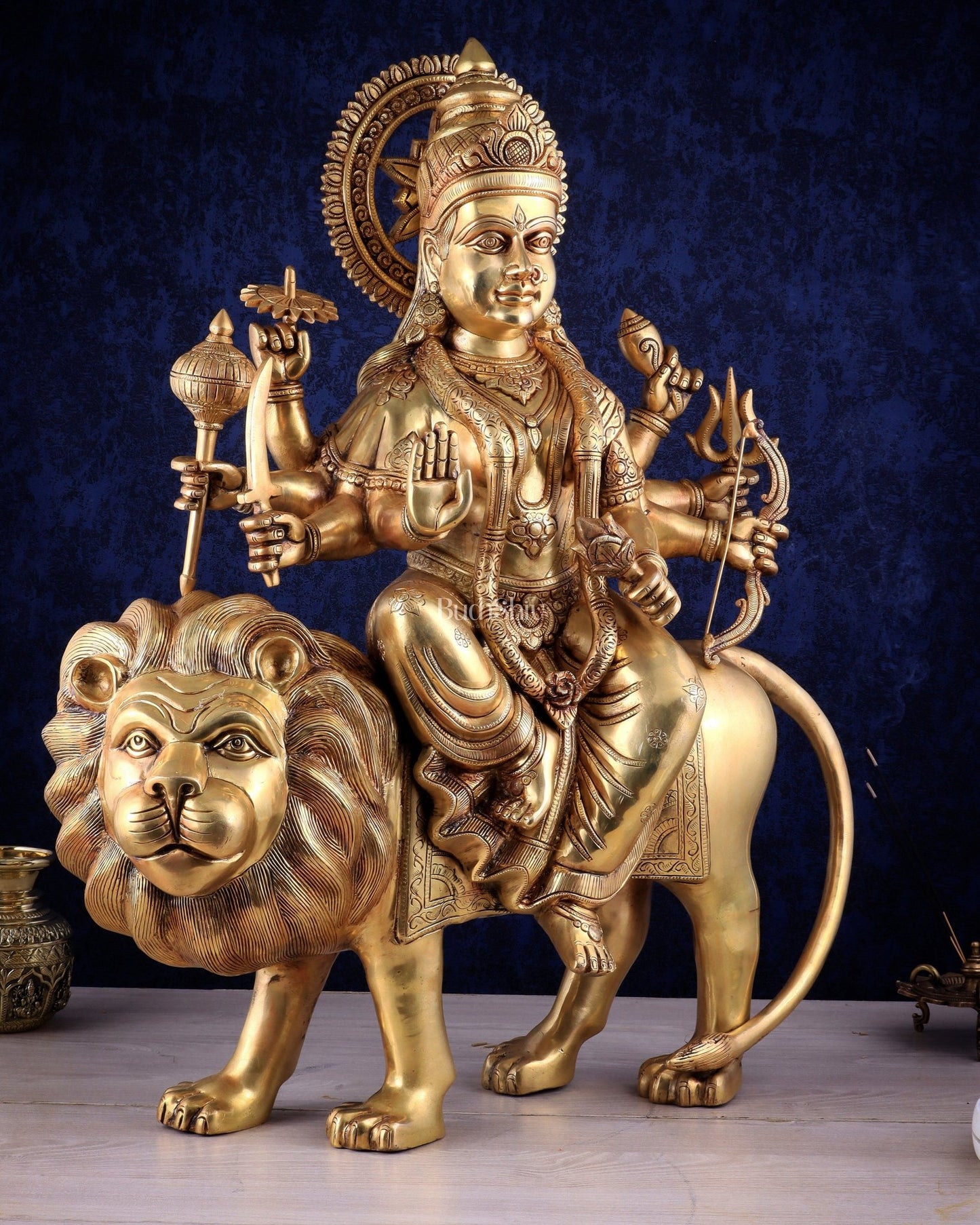 Majestic Brass Goddess Durga Sherawali Mata Idol | 31" - Budhshiv.com