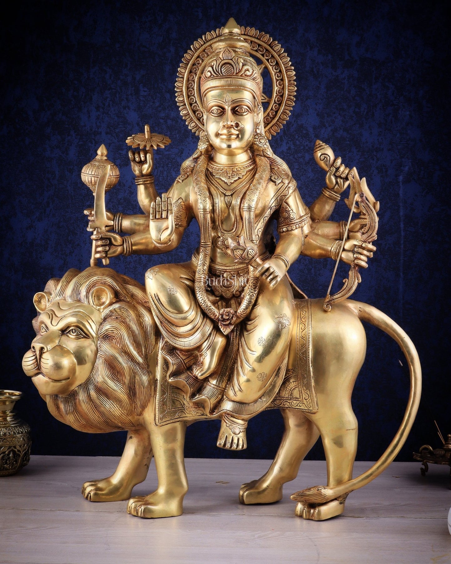 Majestic Brass Goddess Durga Sherawali Mata Idol | 31" - Budhshiv.com