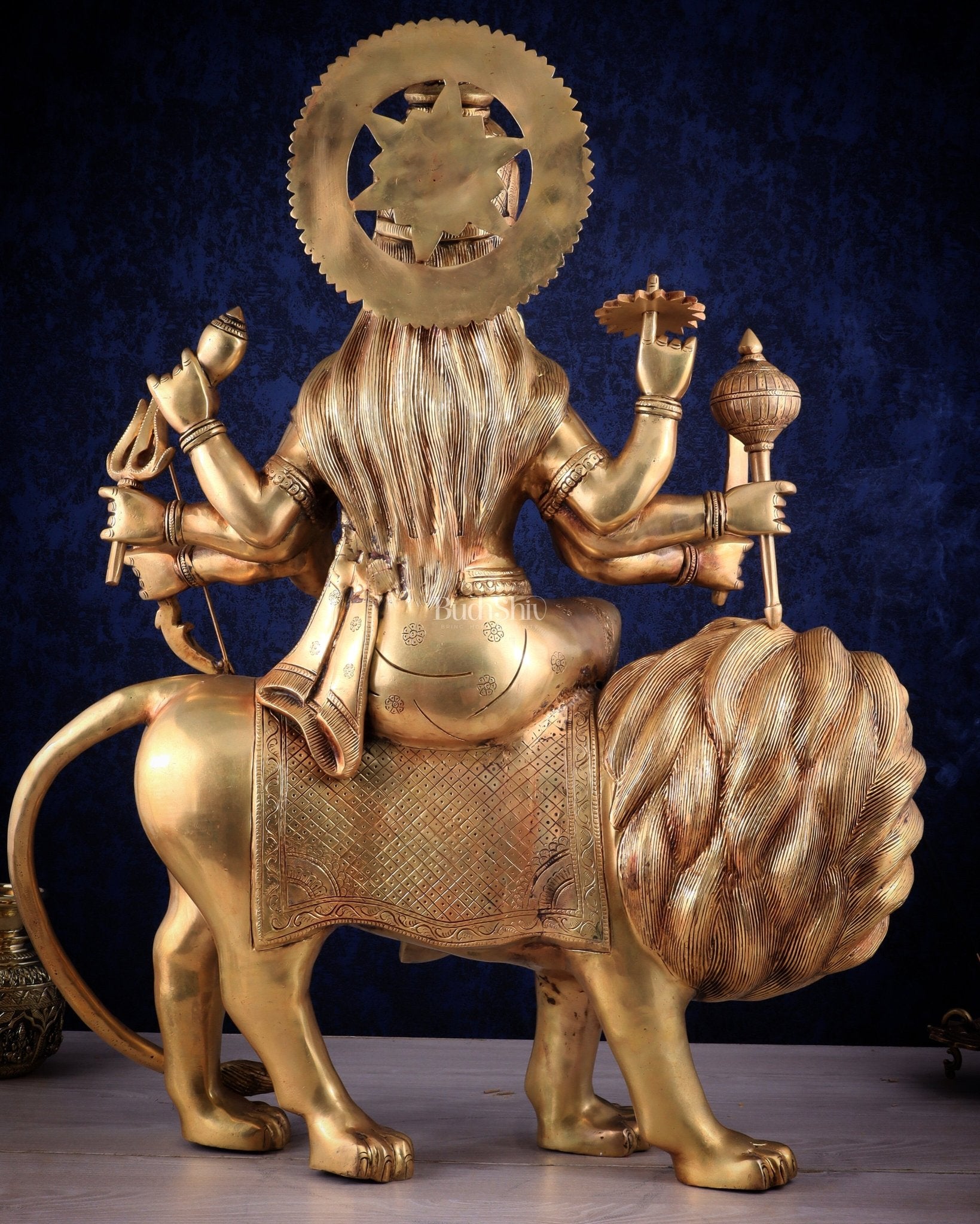 Majestic Brass Goddess Durga Sherawali Mata Idol | 31" - Budhshiv.com